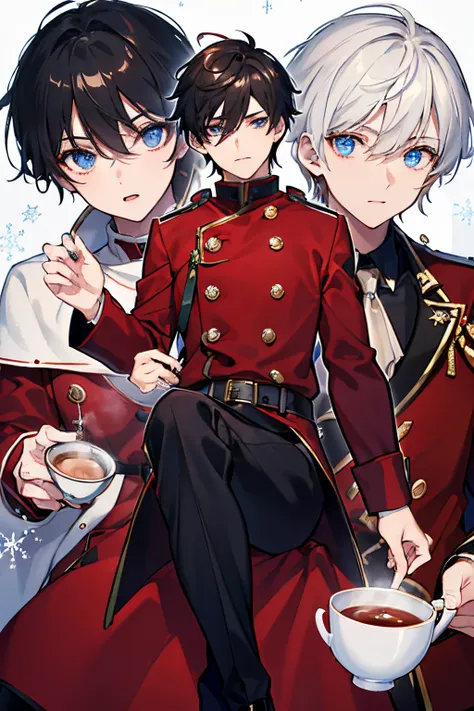 male people　A dark-haired　blue eyess　Red coat　Sweaters　Black slacks　long boots　Christmas　cake and tea　​masterpiece　Top image quality　denoise　Clear 　cinematic shadow　Increased attractiveness of the eyes　Clear the shine of the eyes　Draw eyelashes neatly　Perf...