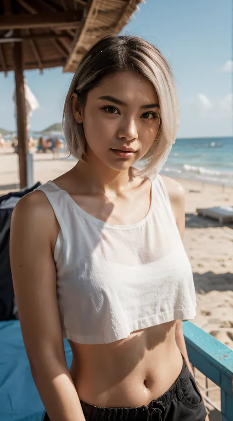 Plano detalle, Young woman of 20 years, asian girl, asian factions, French Bob style hair, dyed white hair, ojos marrones, Looking at the camera, retrato fotorrealista, enorme detalle, piel blanca, ropa de calle, cara ultradetallada, estilo de imagen hiper...