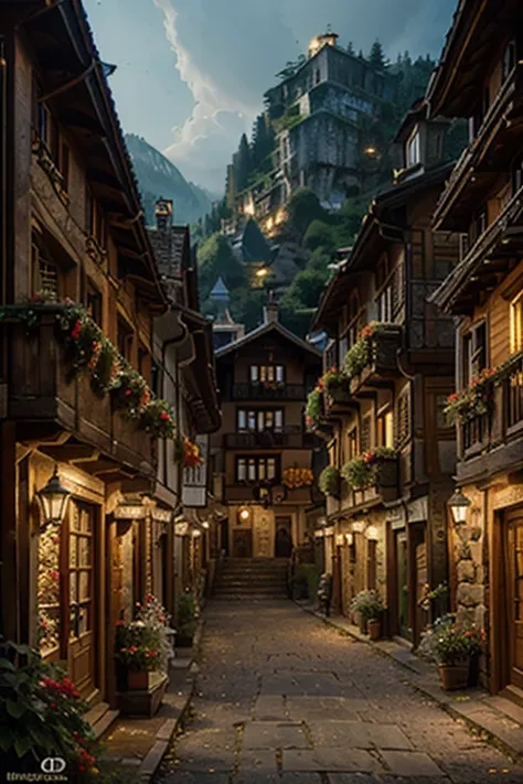 sharp details, a medieval village in switzerland in Christmas season, at night, mess jungle in background, ornate, beautiful, atmosphere, vibe, flowers, concept art illustration, greg rutowski, volumetric lighting, sunbeams, particles, colorful clothes, by...