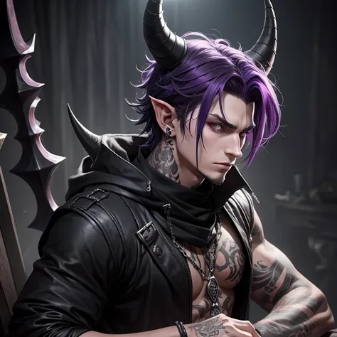 tiefling demon. dark grey short shaggy hair, smoky, layered horns, assassin, 17 years old, piercings, spikes, facial piercings, purple skin tone,  fantasy, medieval, boy, male, emo, large horns, rogue, light muscle tonnage, no lipstick, one broken horn, sc...