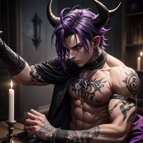 tiefling demon. dark grey short shaggy hair, smoky, layered horns, assassin, 17 years old, piercings, spikes, facial piercings, purple skin tone,  fantasy, medieval, boy, male, emo, large horns, rogue, light muscle tonnage, no lipstick, one broken horn, sc...