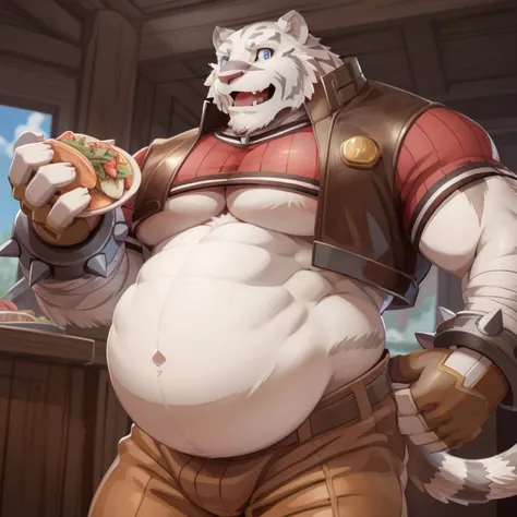 (mercenary (Zero Magic Book)), (White body), (gray bar), (ssmile), square, (gray scar), (shorter pants:1.1), tit, (eBlue eyes), hamburgers, (Hearty food:1.1),big pecs,,My pregnant belly is so massive,No abdominal sagging,The belly is more prominent,No abs,...