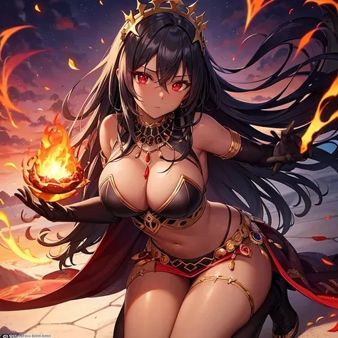 Appearance: black skin, fiery hair and red eyes // Accessories: gloves and stone crown // goddess of volcanoes and wrath // top and skirt // alone milf