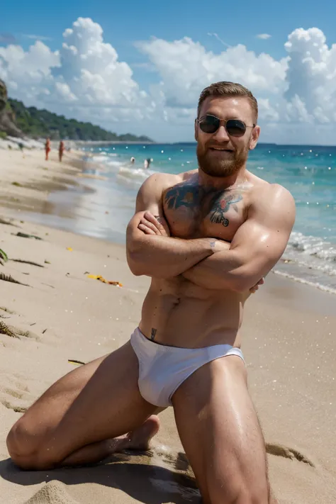 smiling muscle conor mcgregor, with shades and beard, in tight shiny white and red latex speedos, in a sunny beach. half in the water. arms crossed. legs open. low angle.