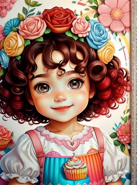 (cute baby girl smiling with curly hair, cupcakes and flowers) stylized identical to 1940 |)), acolchoamento ,multidimensional geometric wall PORTRAIT, arte, Chibi,
Yang016K, lindo,(( cor vermelha predominante, rosa e branco))
Primary works, qualidade supe...