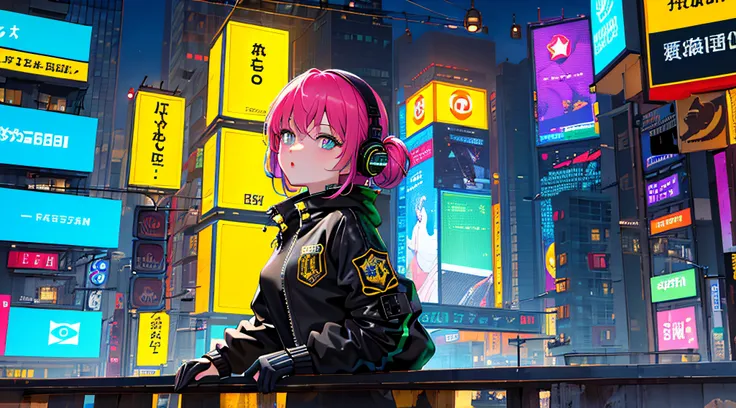 (masterpiece, top quality, best quality, extreme detailed, highest detailed, official art, beautiful and aesthetic:1.2), colorful, (finely detailed eyes:1.1), beautiful face, perfect body, 1girl, solo, night city, urban city, laterns, street, black | yello...