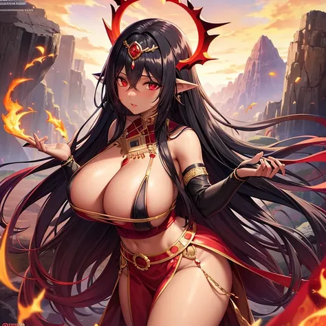 black skin // fiery hair // red eyes // Accessories: long gloves and stone crown // goddess of volcanoes and wrath // top and skirt // alone milf // big boobs