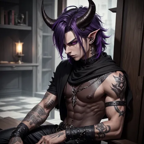 tiefling demon. dark grey short shaggy hair, smoky, layered horns, assassin, 17 years old, piercings, spikes, facial piercings, purple skin tone,  fantasy, medieval, boy, male, emo, large horns, rogue, light muscle tonnage, no lipstick, one broken horn, sc...