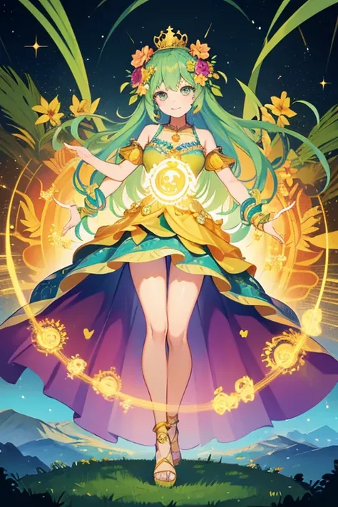 goddess of flowers, venusian goddess, solar goddess, dancing in a flower meadow with a dress made of flowers, mandala of light behind her, kalachakra, heart-opening smile, golden crown made of flowers, green-blue hair, fuschia eyes, light radiating from he...