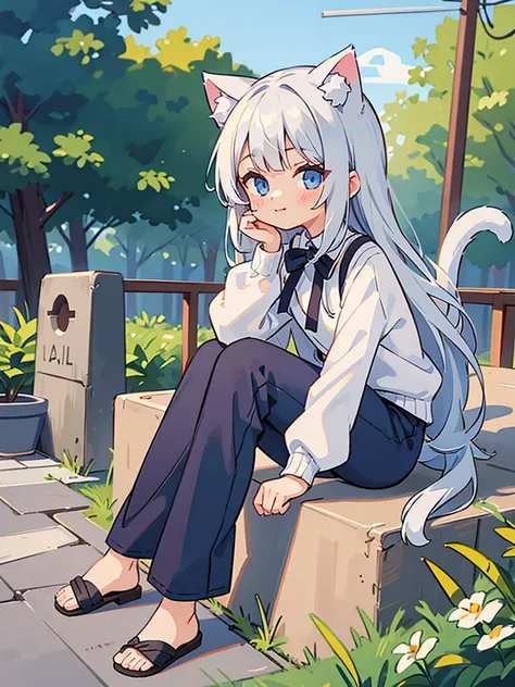 masterpiece, best quality, high res, solo, 1 girl, long hair, silver hair, loli, nice breasts, flat chest, small breasts, bangs, dark blue eyes, blush, wait length hair, looking at viewer, closed mouth, squiggly mouth, cat ears, cat tail, cat girl, happy, ...