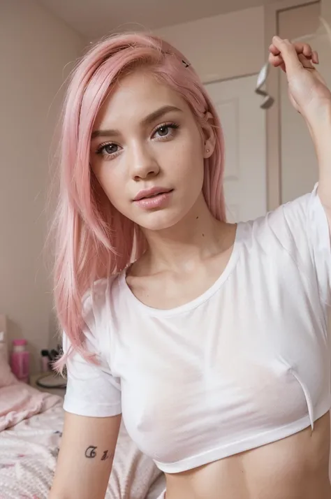 a instagram model wearing white round tee shirt, posing in her room, pink hairs, pink lips, young model, perfect figure, realistic photography