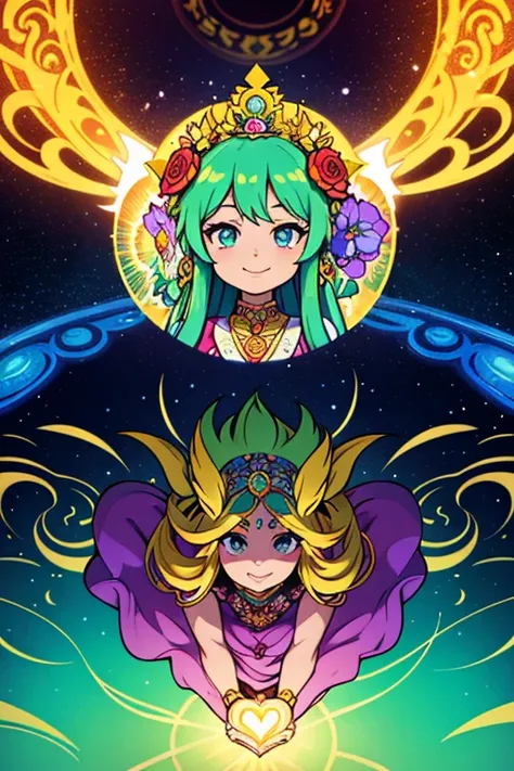 goddess of flowers, venusian goddess, solar goddess, dancing in a flower meadow with clothing made of flowers, mandala of light behind her, kalachakra, heart-opening smile, golden crown made of flowers, green-blue hair, fuschia eyes, light radiating from h...