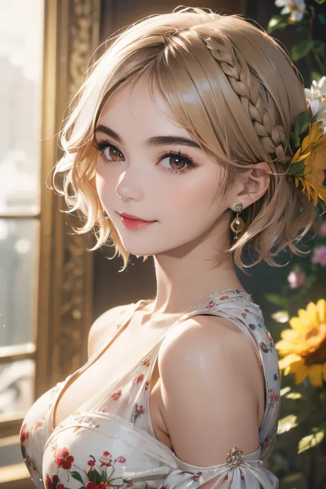 126
(a 20 yo woman,Art Works), (A hyper-realistic), (high-level image quality), ((beautiful hairstyle 46)), ((short-hair:1.46)), (Gentle smile), (breasted:1.1), (lipsticks), (florals), (Luxurious room), (Depth of field is deep), (a Dog,Dalmatian)