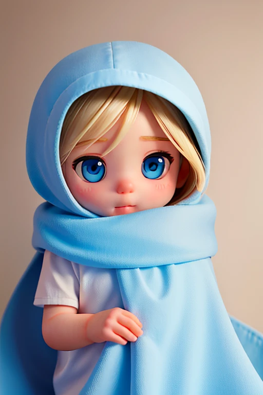 Generate an image of a newborn baby wrapped in a soft blanket, with blonde hair and blue eyes. The baby is in a cozy environment, with gentle light highlighting its adorable features. Be sure to capture the curious and innocent expression of the baby.