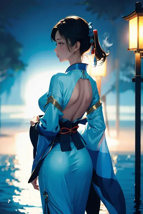 (((Looking away))), ((Looks another:1)), A woman stands in the pale blue flames of a dark sea mirage, wearing sexy, traditional Japanese attire. she is beautiful, pale skin, bright brown eyes, and incredible proportions, sexy body