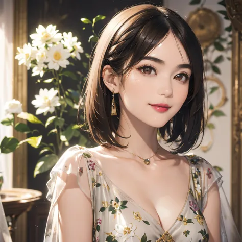 126
(a 20 yo woman,Art Works), (A hyper-realistic), (high-level image quality), ((beautiful hairstyle 46)), ((short-hair:1.46)), (Gentle smile), (breasted:1.1), (lipsticks), (florals), (Luxurious room), (Depth of field is deep), (a Dog,Dalmatian)