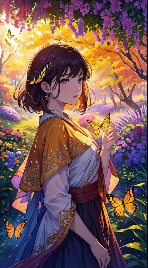 "A girl with a feminine face, beautiful detailed eyes, beautiful detailed lips, and extremely detailed face. She has long eyelashes and a graceful appearance. The vibrant colors of red, orange, yellow, and purple are prominent in the artwork, creating a wa...