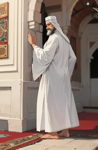 Hand drawn stylised Muslim man from back (Boat) (Big white beard) (Wearing a thobe) (Old) (2D)