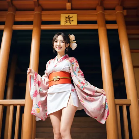 ((top-quality、masutepiece、8K、Top image quality))、(one shrine maiden princess:1.3)、(Luxuriously decorated princess long-sleeved kimono:1.3)、(very luxurious and intricate costumes:1.1)、(Luxury miniskirt for princesses:1.3)、(Photographing a woman from the kne...