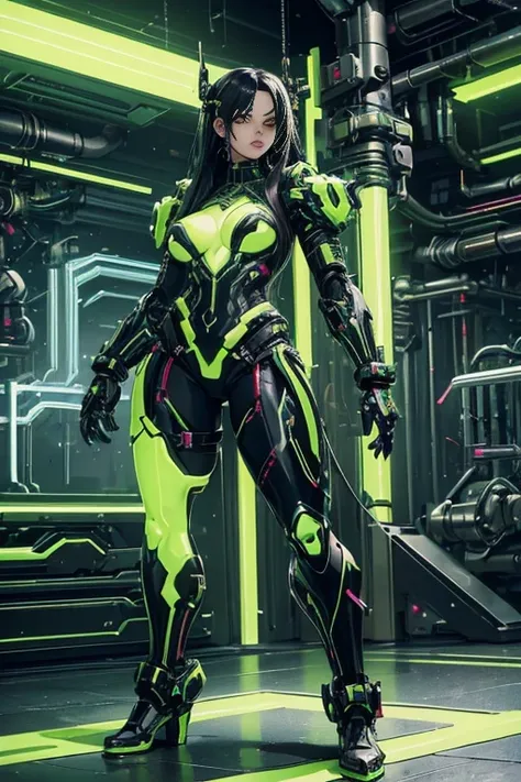 beautiful and seductive female cybergoth cyborg, metal chrome skin, well toned athletic body, exposed green fluorescent mechanic...