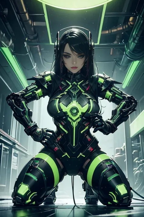 beautiful and seductive female cybergoth cyborg, metal chrome skin, well toned athletic body, exposed green fluorescent mechanic...