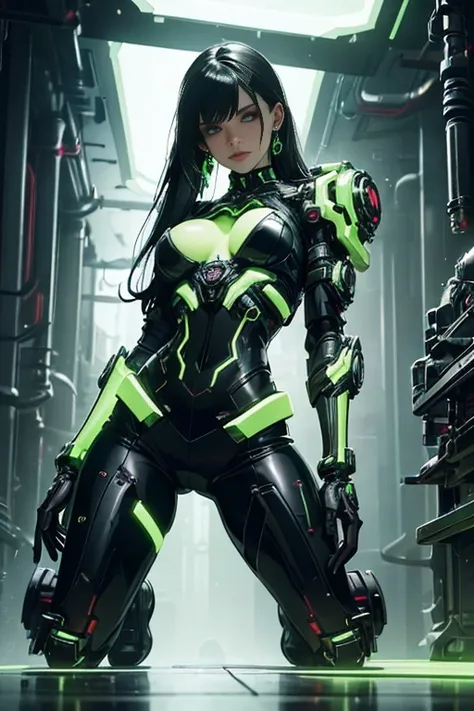 beautiful and seductive female cybergoth cyborg, metal chrome skin, well toned athletic body, exposed green fluorescent mechanic...