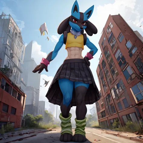 lucario, male, only person, wearing a small femboy crop top and skirt, striped arm and leg warmers, strong wind blowing up skirt...