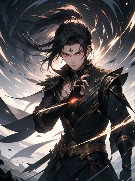 a painting that represents the nature of magic in his world，black hair with high ponytail，the red-eyed protagonist has a mysteri...