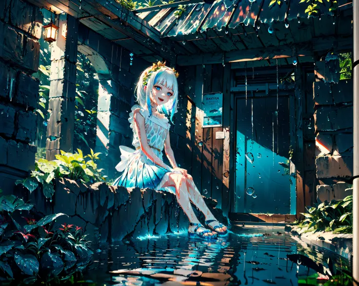 garota de anime sentada em uma parede em um jardim com uma chuva, estilo anime 4K, water fairy, arte digital estilo anime, Anime Art Wallpaper 4K, Anime Art Wallpaper 4K, bela arte digital, Anime Art Wallpaper 8K, bela arte de anime, por Yuumei, estilo ani...