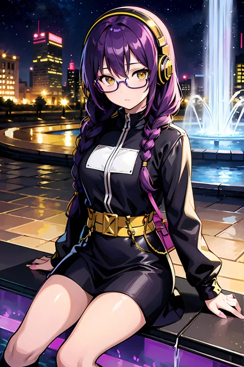 close up, 4k resolution, hd, 2d anime style, non realistic anime style, young female anime character, dark purple braids , yellow eyes, pale skin, wearing glasses, wearing headphones , sitting by a fountain , city, night, holding music disks, with purse mu...