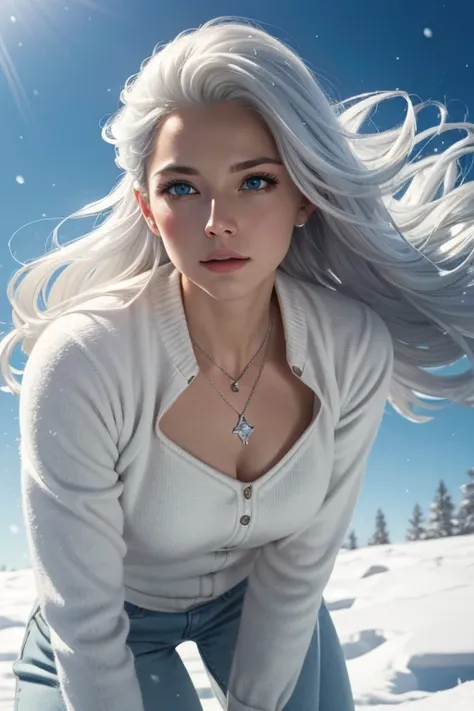 (masterpiece), best quality, ultra-detailed, realistic, dynamic pose, floating, snow, winter, (1girl), beautiful face, blue eyes, white hair, X-Men, Marvel Comics, silver diamond necklace, high resolution, (low key+high saturation):0.8, (subtle vignette+ci...