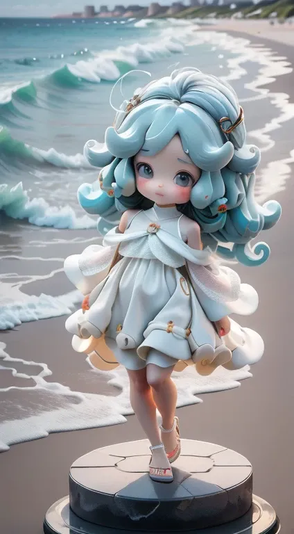 Blind box style， Sweet girl by the sea，Bushy hair，s delicate face，真实感，a true，largeaperture，wears a white dress，Cropped dress，Off-the-shoulder style，clothes around neck，Slim，sexy for，超高分辨率