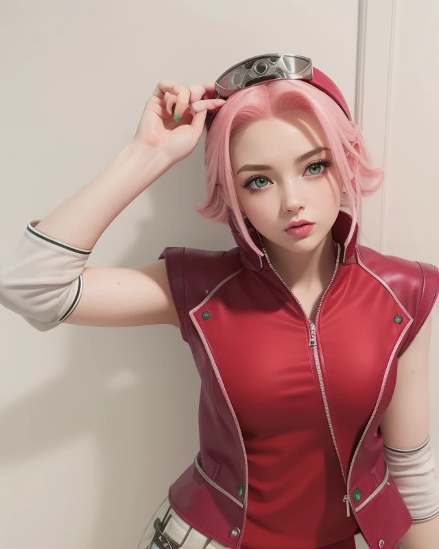 young woman, porcelain skin, long bubblegum pink hair, big pink lips, big emerald green eyes, pink eyebrows, red clothes, Sakura Haruno, 3d, realism, black gloves