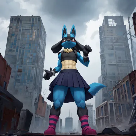 lucario, male, only person, wearing a small loose fitting blue femboy crop top and skirt, striped arm and leg warmers, strong wi...