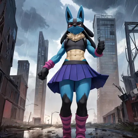 Lucario, male, only person, wearing a small loose fitting blue femboy crop top and skirt, striped arm and leg warmers, strong wind blowing front of skirt up, upward front view, standing on top of a skyscraper in a abandoned city in the middle of a rain sto...
