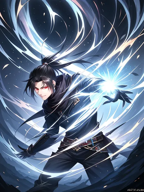 a painting that represents the nature of magic in his world，black hair with high ponytail，the red-eyed protagonist has a mysteri...