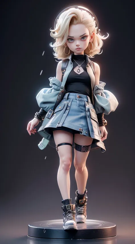 Blind box style，Android18, Blonde hair, eBlue eyes, eyeslashes, hoop earings, short detailed hair, Earring straps, Black socks, black shirt, Chest pocket, Chopping, 鎖骨, Denim, Denim skirt, high waisted skirt, jewely, longer sleeves, pocket, The shirt, The ...