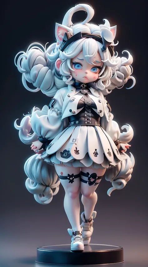 Blind box style，1个Giant Breast Girl，beast ear，end，Chibi，White hair，cat ear，Alone，A cats tail，Long gray hair，hair adornments，cat woman，Virtual YouTuber，a skirt，eBlue eyes，ahoge，Bow knot，white backgrounid，sanimal ear fluff，hair pin，fail