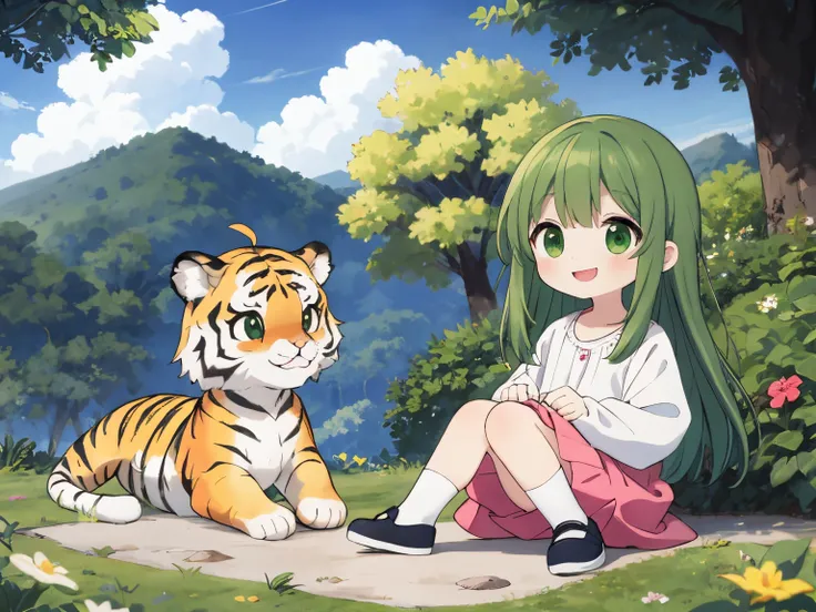 Best Quality, ultra-detailliert, ｛a tiger｝children playing with tiger, Gamine２In person, Green hair,  nature backdrop，｛Ruffled clothing｝Smiling children ,  Naughty figure，shading