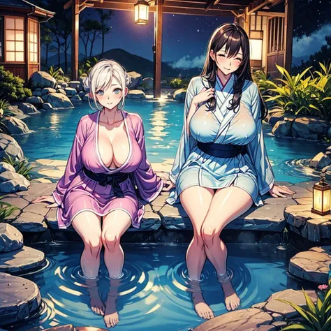 the night，The heat of natural hot springs fills the air，One is plump、Beautiful woman sitting in hot spring，Enjoy the comfort brought by hot springs。Her body is surrounded by warm water，The yukata is hung loosely around the body，Half a shoulder exposed。Her ...