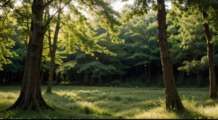 A lush, verdant forest bathed in golden sunlight, where every tree and flower seems to glow with a magical energy.