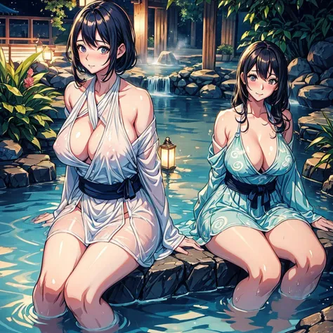 natta，The air is filled with the heat of natural hot springs，One is plump、Beautiful woman sitting in hot spring，Enjoy the comfort brought by hot springs。Her body is surrounded by warm water，The yukata hangs loosely on the body，Half a shoulder exposed。Her s...