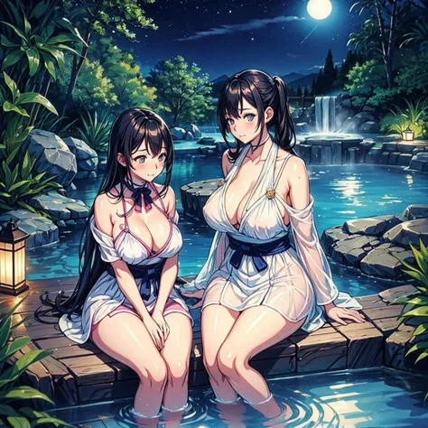 natta，The air is filled with the heat of natural hot springs，One is plump、Beautiful woman sitting in hot spring，Enjoy the comfort brought by hot springs。Her body is surrounded by warm water，The yukata hangs loosely on the body，Half a shoulder exposed。Her s...