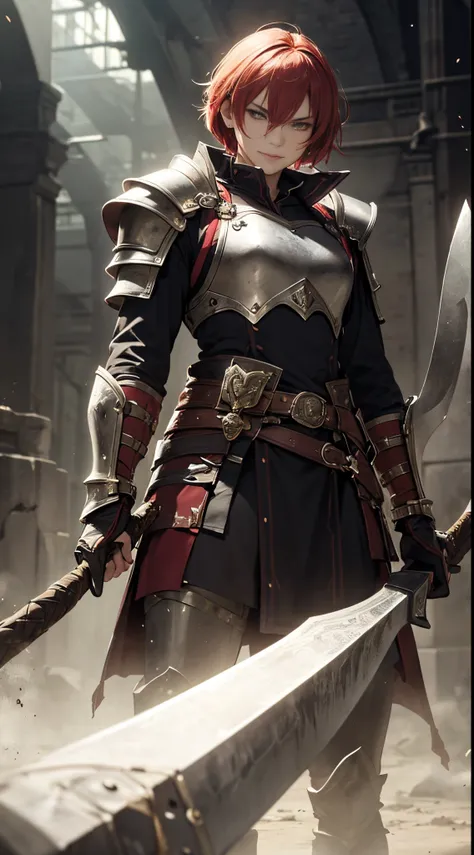 A solitary warrior in a suspicious arena setting, without the demon lord. The warrior, lightly armored and with a sly smile, wields a large, ornately decorated axe. They have short red hair. The background is a mysterious and ominous arena, with a sense of...