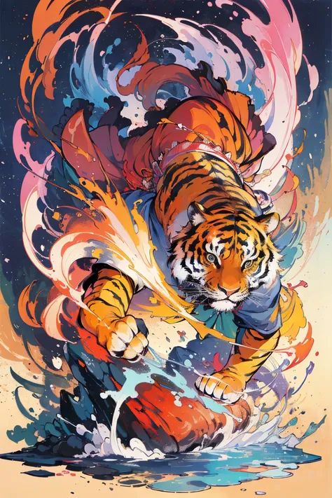 (​masterpiece、top-quality、official art:1.2)、look at viewers、｛armour｝、｛tiger and girl｝、｛tiger painting｝，transparency，colorful wat...