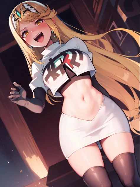 mythra \(xenoblade\), blond hair, yellow eyes, team rocket uniform, red letter r, white skirt,white crop top,black thigh-high bo...