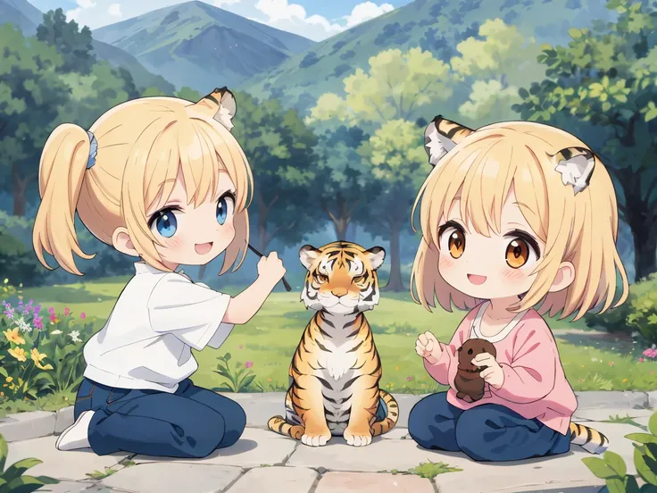 Best Quality, ultra-detailliert, ｛a tiger｝children playing with tiger, Gamine２In person, a blond,  nature backdrop，｛Ruffled Clothes｝Smiling children ,  Naughty figure，shading