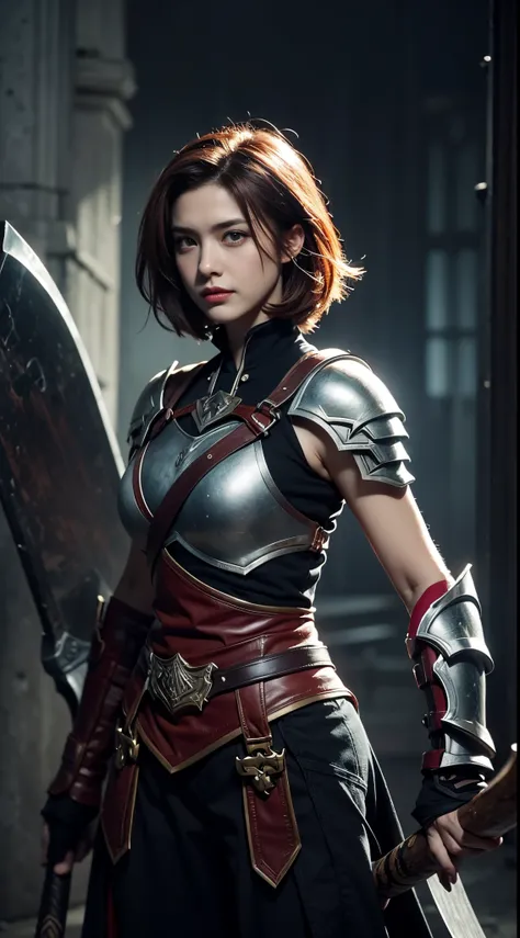 A solitary warrior in a suspicious arena setting, without the demon lord. The warrior, lightly armored and with a sly smile, wields a large, ornately decorated axe. They have short red hair. The background is a mysterious and ominous arena, with a sense of...