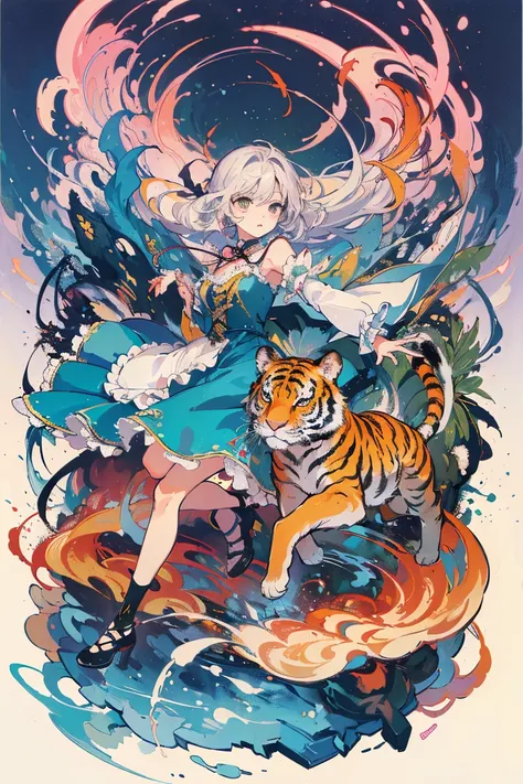 (​masterpiece、top-quality、official art:1.2)、look at viewers、｛dress appearance｝、｛tiger and girl｝、｛tiger painting｝，transparency，co...