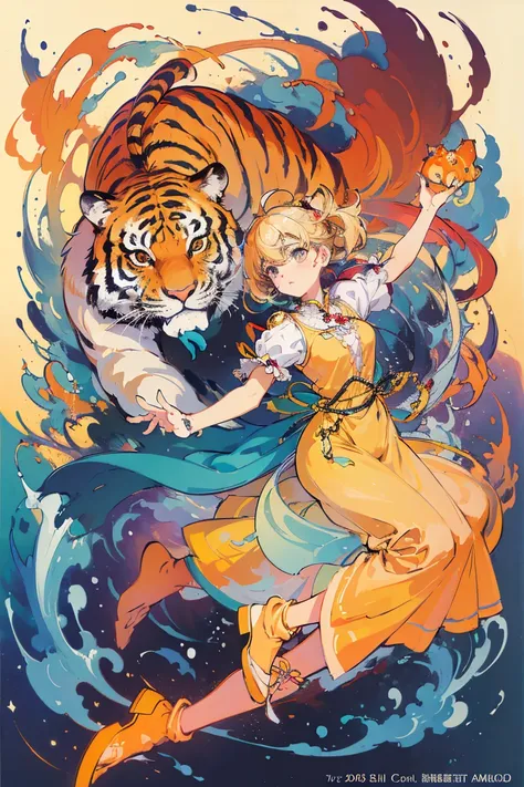 (​masterpiece、top-quality、official art:1.2)、look at viewers、｛dress appearance｝、｛tiger and girl｝、｛tiger painting｝，transparency，co...